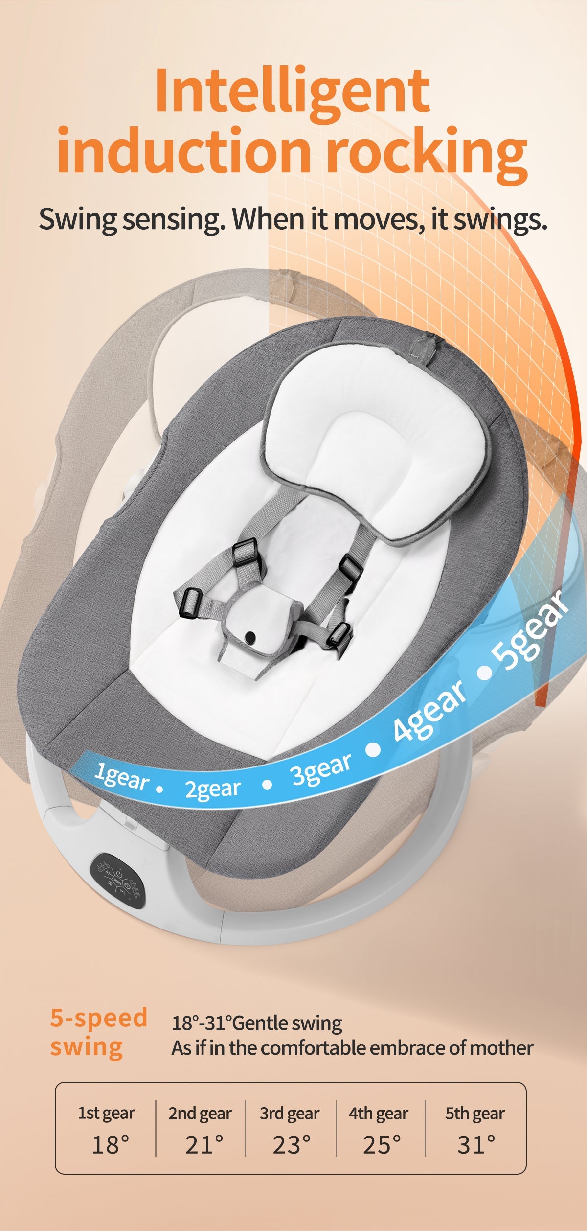 Baby Swing for Infants, Bluetooth Infant Swing with Music Speaker, Bluetooth Touch Screen/Remote Control Timing Function with 5 Speeds, 3 Seat Positions,10 Music, 5 Point Harness Belt