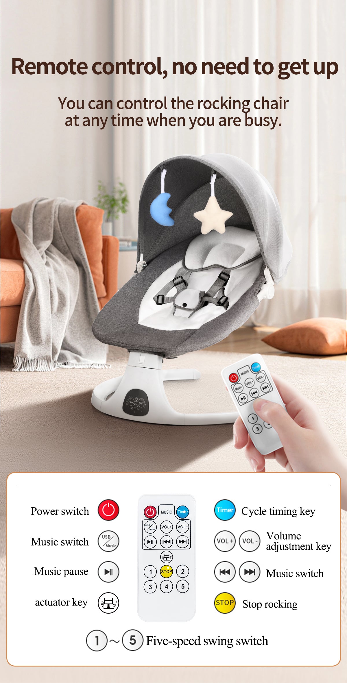 Baby Swing for Infants, Bluetooth Infant Swing with Music Speaker, Bluetooth Touch Screen/Remote Control Timing Function with 5 Speeds, 3 Seat Positions,10 Music, 5 Point Harness Belt