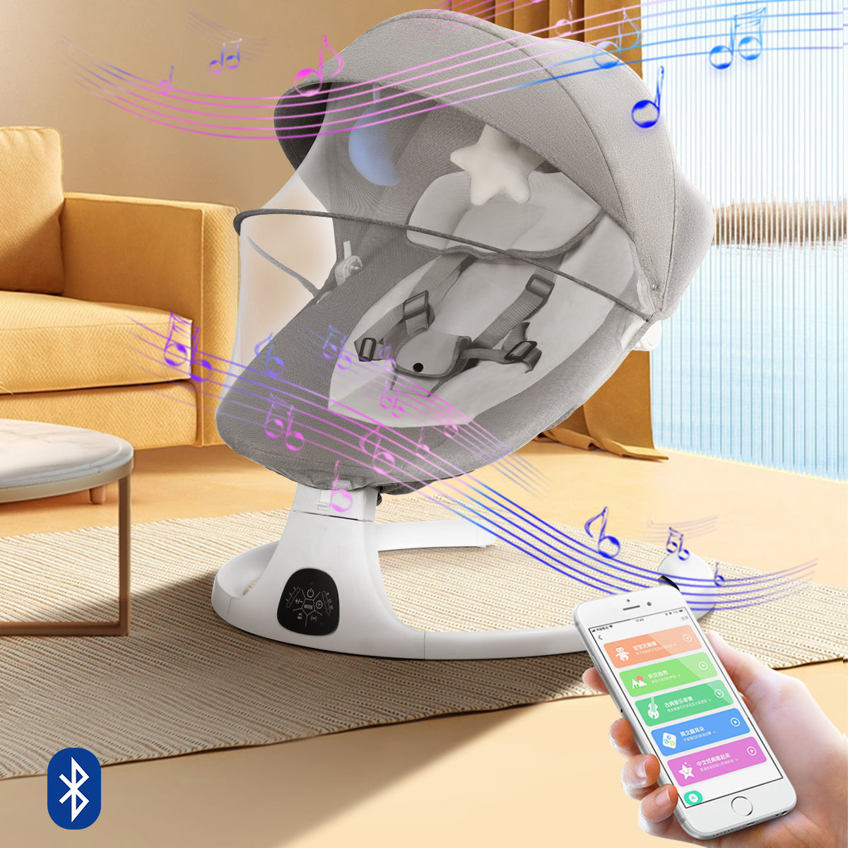 Baby Swing for Infants, Bluetooth Infant Swing with Music Speaker, Bluetooth Touch Screen/Remote Control Timing Function with 5 Speeds, 3 Seat Positions,10 Music, 5 Point Harness Belt