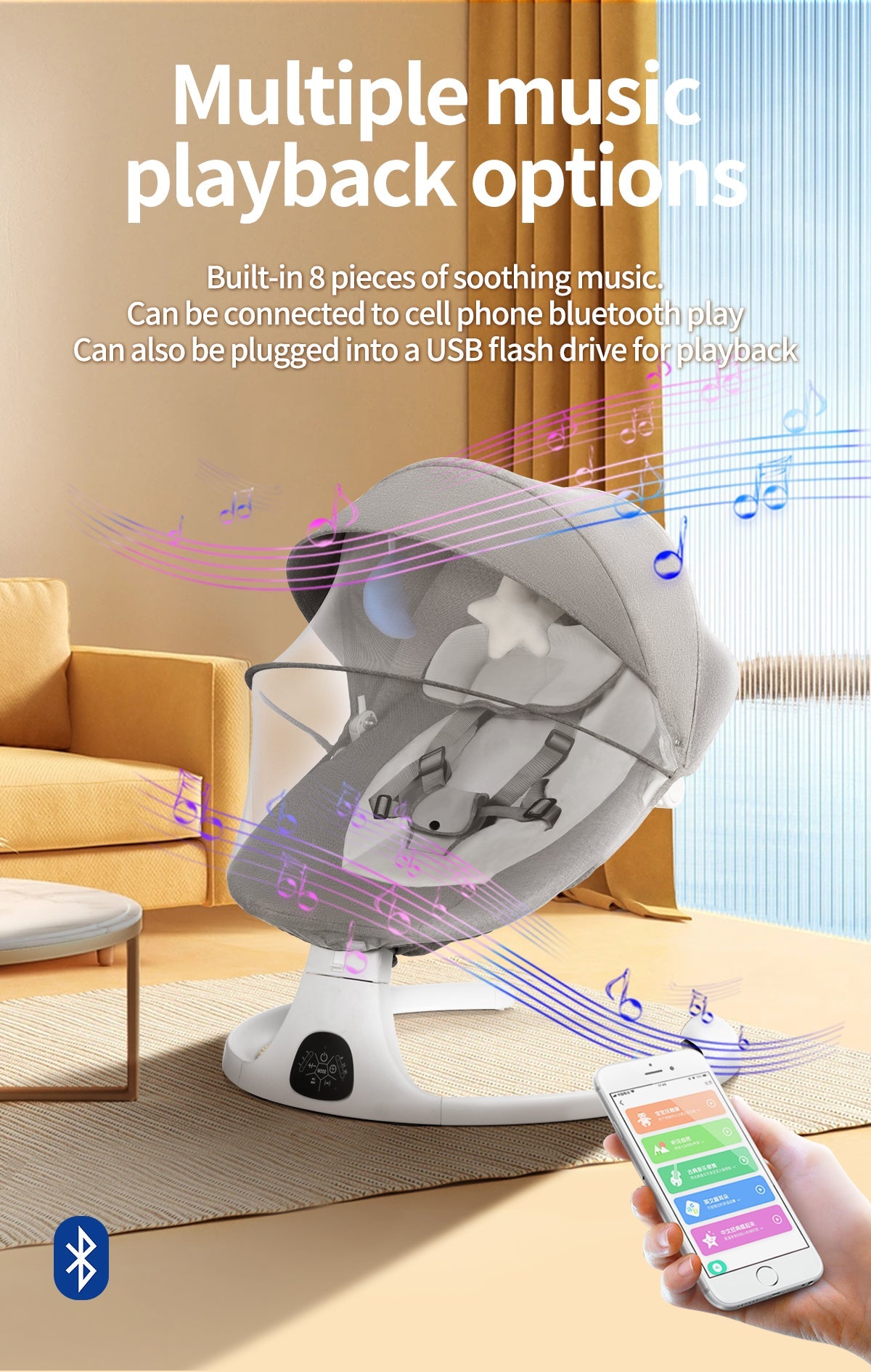 Baby Swing for Infants, Bluetooth Infant Swing with Music Speaker, Bluetooth Touch Screen/Remote Control Timing Function with 5 Speeds, 3 Seat Positions,10 Music, 5 Point Harness Belt