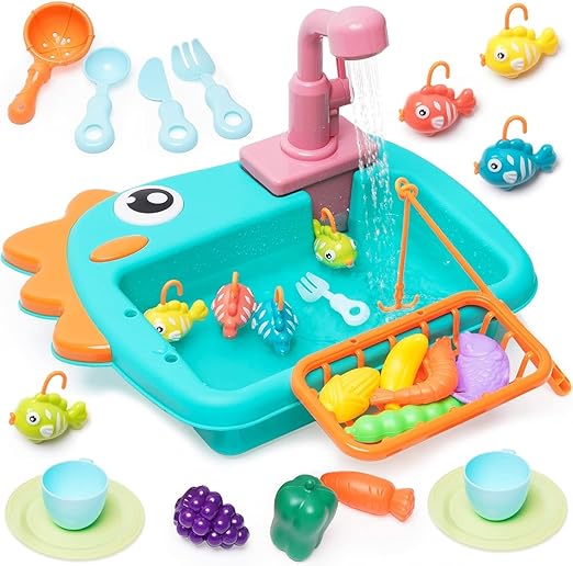 Kitchen Sink Toy with Running Water | 2-in-1 Pretend Play Kitchen Set Accessories for Kids Age 3+ | Electric Water Circulation